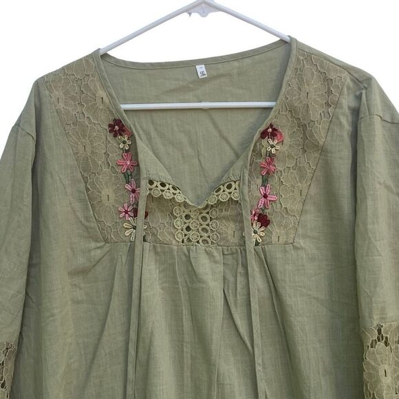 Boho Green Crochet Lace Tunic Top 5XL Floral Embroidered Peasant Blouse Dress - Picture 4 of 7